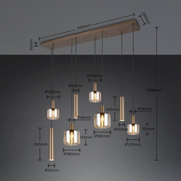Trio Lighting Závěsné světlo Mataro, platinová barva, 118 cm, 8ramenné, sklo/kov, stmívatelný, Hliník / šedá / zinek, Obývací pokoj / jídelna, Sklo, Moderní