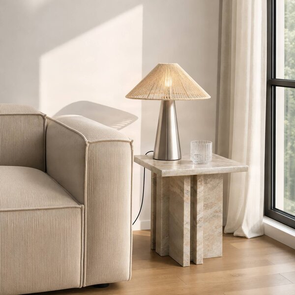 Lucande Stolní lampa Stephane, niklová, výška 50 cm, konopné lano, Krémová / jantar, Obývací pokoj / jídelna, Textil / tkanina / hedvábí, Moderní