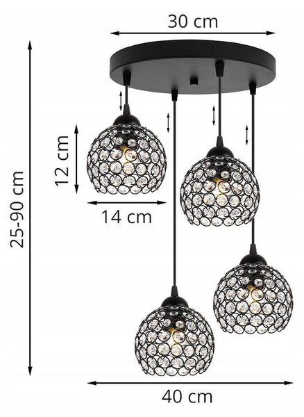 Závěsné svítidlo Crystal, 4x černé křišťálové stínítko