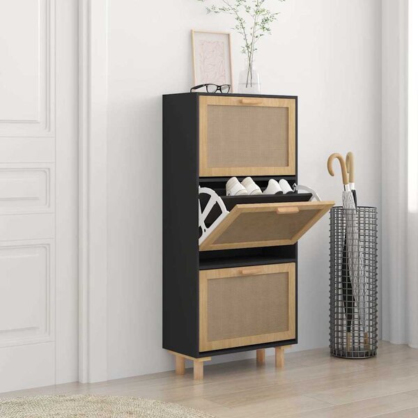 Botník černý 52 x 25 x 115 cm kompozitní dřevo a přírodní ratan