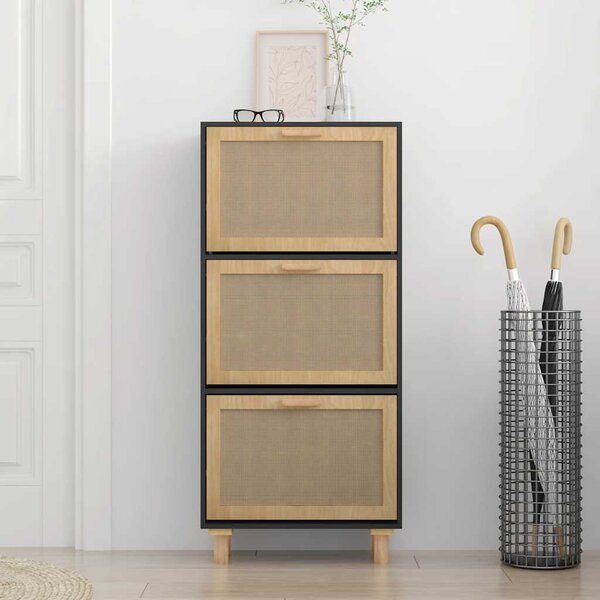 Botník černý 52 x 25 x 115 cm kompozitní dřevo a přírodní ratan