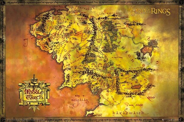 Plakát, Obraz - Pán prstenů Mapa Středozemě, (91.5 x 61 cm)