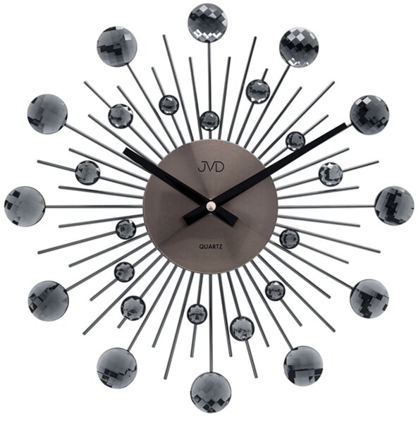 Designové kovové antracitové paprskovité skleněné hodiny JVD HT111.3 (kovové paprskovité hodiny o průměru 35cm se skleněnými prvky)