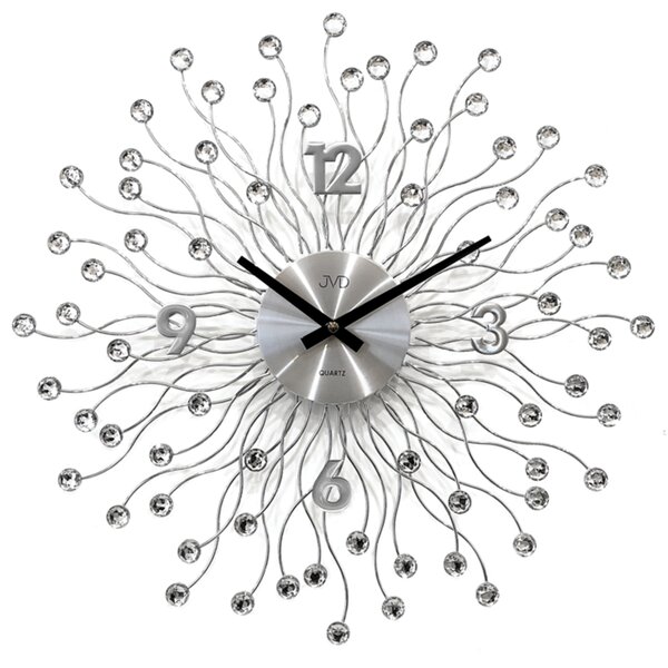 JVD Nástěnné designové kovové stříbrné skleněné hodiny JVD HT116.1 (kovové paprskovité hodiny o průměru 49cm)