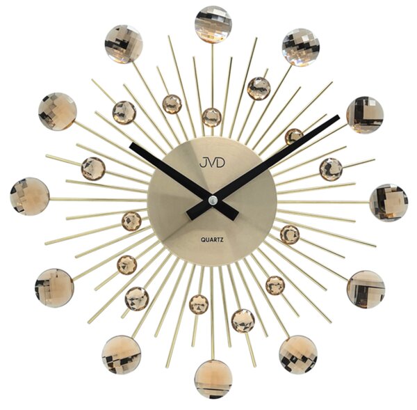 Designové kovové zlaté paprskovité skleněné hodiny JVD HT111.2 (kovové paprskovité hodiny o průměru 35cm se skleněnými prvky)