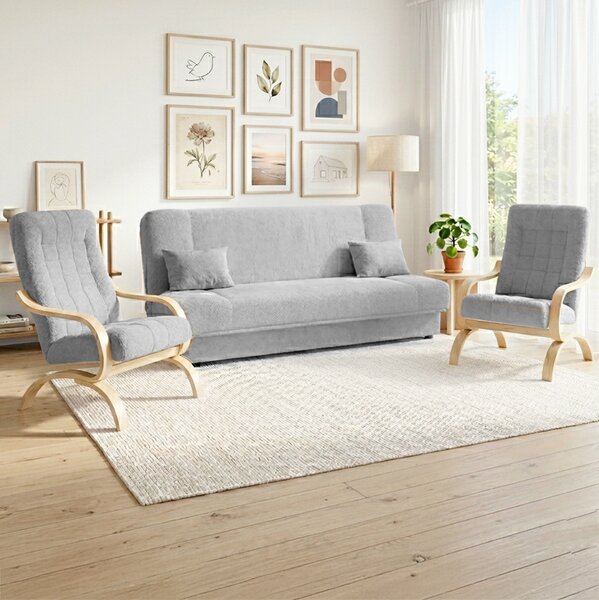 Sedací sestava 3+1+1 PALERMO | 190 + 65 + 65 cm | rozkládací s úložným prostorem | světle šedá + bukové nohy