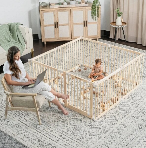 Derrson Dětská dřevěná ohrádka XXL 7,2 m Přírodní 8 ks panelů