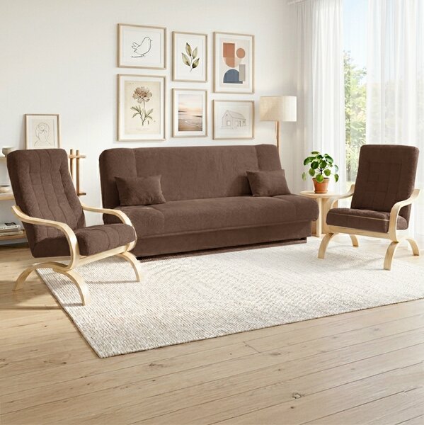 Sedací sestava 3+1+1 PALERMO | 190 + 65 + 65 cm | rozkládací s úložným prostorem | hnědá + bukové nohy
