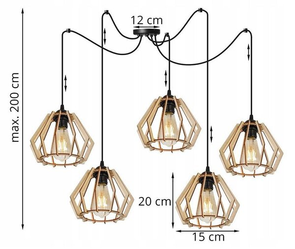 Závěsné svítidlo Timber Spider, 5x dřevěné stínítko