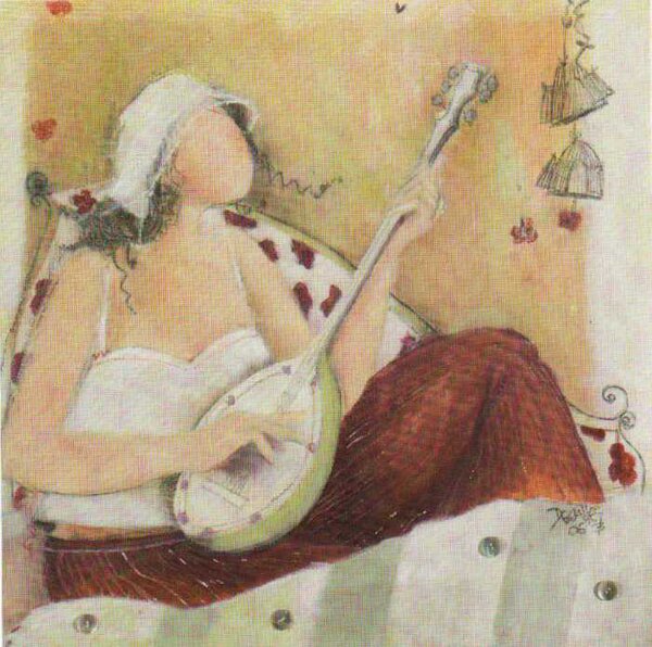 ART-STYLE Obrázek 20x20, žena s loutnou, rám bílý s patinou