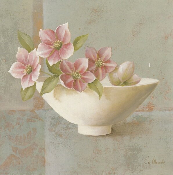 ART-STYLE Obrázek 18x18, růžové květy v misce, rám bílý s patinou