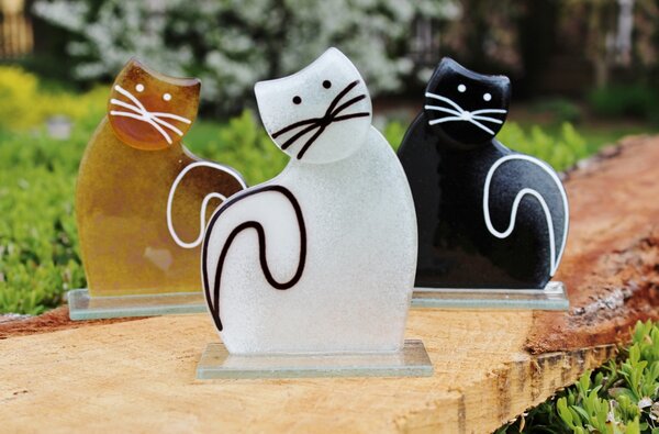 BDK-GLASS Skleněná dekorativní sedící kočka "D" - bílá