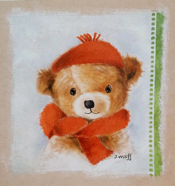 ART-STYLE Obrázek 30x30, medvěd v červeném, rám bílý s patinou
