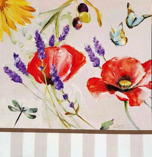 ART-STYLE Obrázek 14x14, máky & motýly, rám bílý s patinou