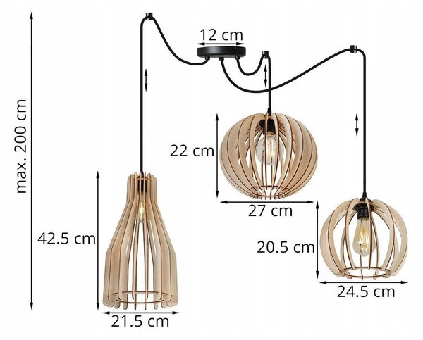 Závěsné svítidlo Timber Spider, 3x dřevěné stínítko (mix 3 tvarů)