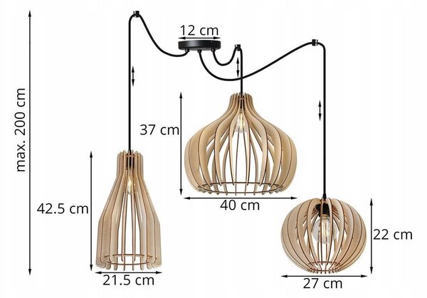 Závěsné svítidlo Timber Spider 1, 3x dřevěné stínítko (mix 3 tvarů)