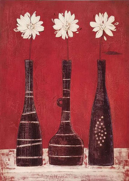 ART-STYLE Obrázek 17x22, trojice váz s květinami, rám bílý s patinou