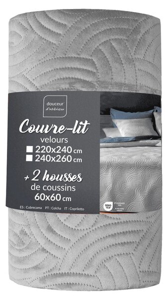Šedý sametový set přehozu a povlaku na polštář 240x260 cm Solange – douceur d'intérieur