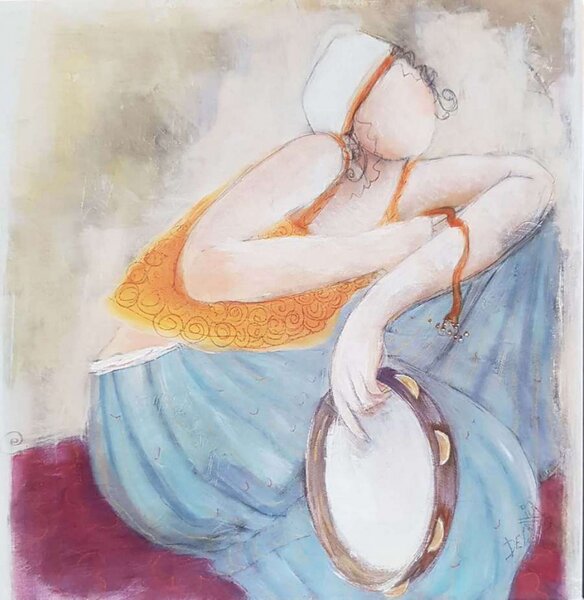 ART-STYLE Obrázek 14x14, postava s tamburínou, rám bílý s patinou