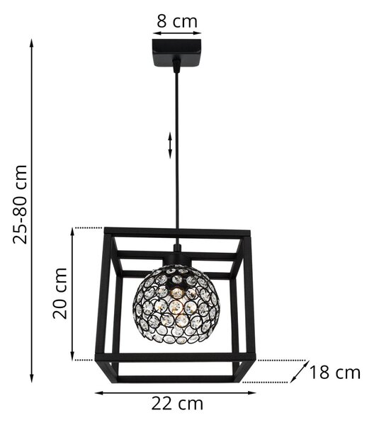 Závěsné svítidlo Crystal Cage, 1x černé křišťálové stínítko v kovovém rámu