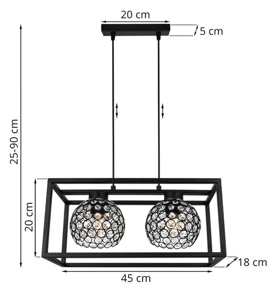 Závěsné svítidlo Crystal Cage, 2x černé křišťálové stínítko v kovovém rámu