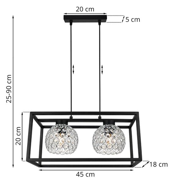 Závěsné svítidlo Crystal Cage, 2x stříbrné křišťálové stínítko v kovovém rámu