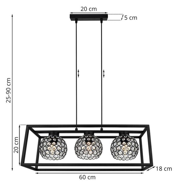 Závěsné svítidlo Crystal Cage, 3x černé křišťálové stínítko v kovovém rámu