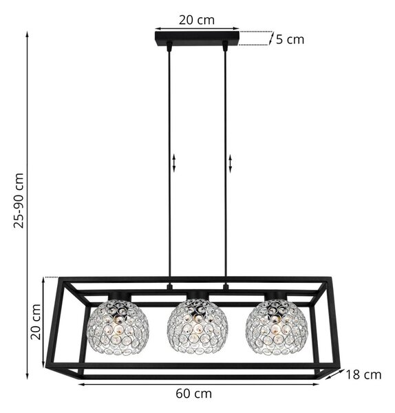 Závěsné svítidlo Crystal Cage, 3x stříbrné křišťálové stínítko v kovovém rámu