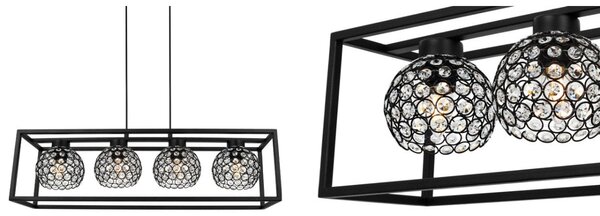 Závěsné svítidlo Crystal Cage, 4x černé křišťálové stínítko v kovovém rámu