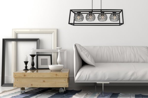 Závěsné svítidlo Crystal Cage, 4x černé křišťálové stínítko v kovovém rámu