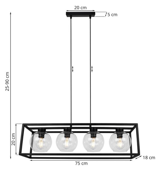Závěsné svítidlo Haga Cage, 4x transparentní skleněné stínítko v kovovém rámu