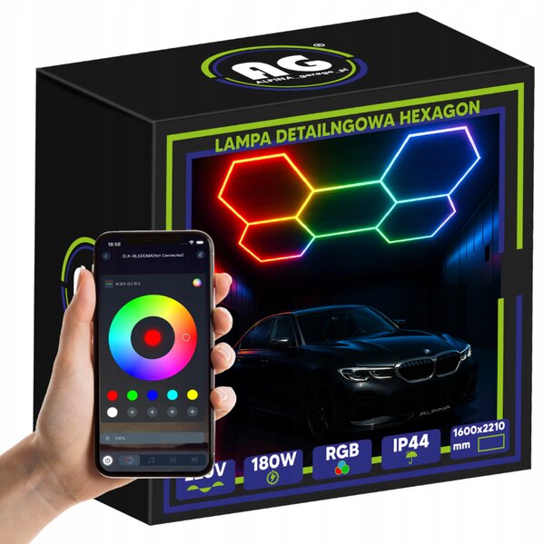 AG HEXAGON RGB 180W LED lampa pro osvětlení panelů, dílna, domácnost + aplikace pro dálkové ovládání