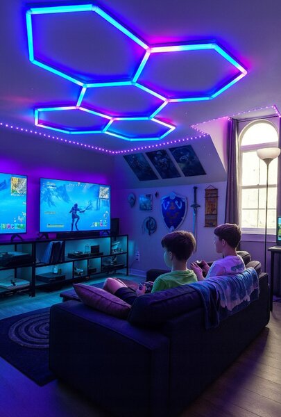 AG HEXAGON RGB 180W LED lampa pro osvětlení panelů, dílna, domácnost + aplikace pro dálkové ovládání