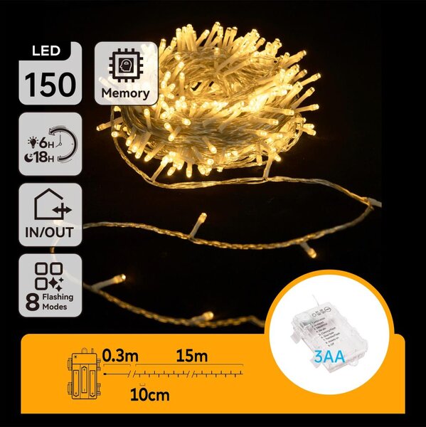 Aigostar - LED Venkovní řetěz 150xLED/8 funkcí 3xAA 15,3m IP44 teplá bílá
