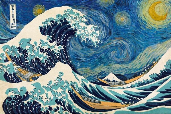 Plakát, Obraz - Kacušika Hokusai ft. van Gogh - Vlna, (91.5 x 61 cm)