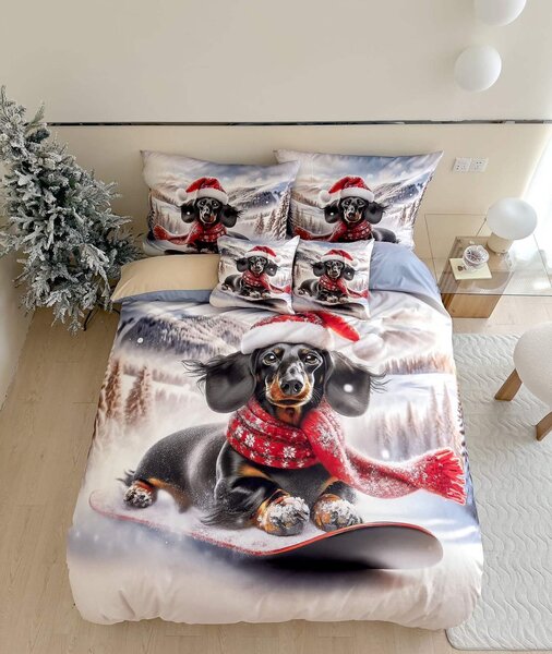 3 dilne-Vánoční - Flanelové Povlečení 3D polycotton Winter Dogs 200x140 + 90x70 cm TiaHome