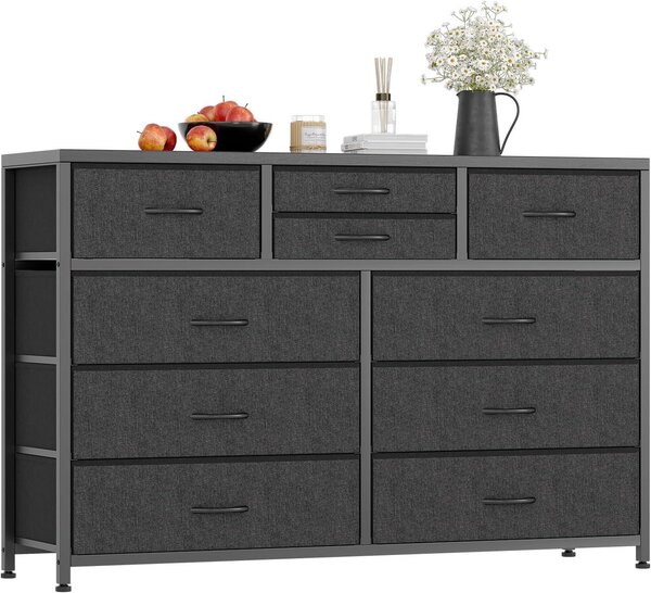 Komoda se zásuvkami, boční skříňka, univerzální, prostorná. Barva: černá. Materiál: dřevotřísková deska (MDF/lamino), stabilní kovový rám, odolná konstrukce