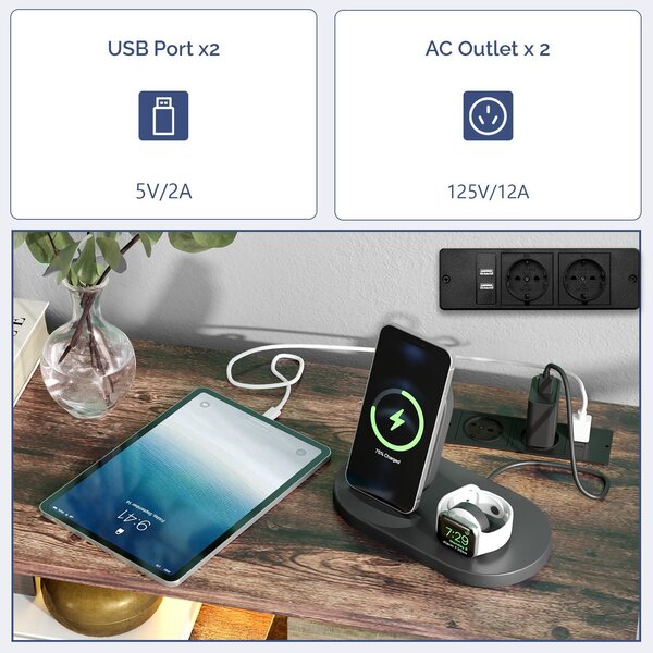 Komoda ALIGHTUP se 6 zásuvkami potaženými látkou, otevřená přihrádka, 2 USB porty (typ A), 1 USB-C port a 2 zásuvky, vhodná do ložnice, obývacího pokoje, rozměry: 114,5 x 30 x 87,5 cm