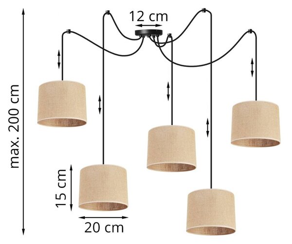 Závěsné svítidlo Juta Spider, 5x jutové textilní stínítko, (výběr ze 2 barev konstrukce), (fi 20cm)