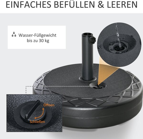 Stojan na slunečník Outsunny do 40 kg, kulatý, naplnitelný, držák, pro tyče o průměru 38/48 mm, pro balkon, terasu, zahradu, černý | Aosom
