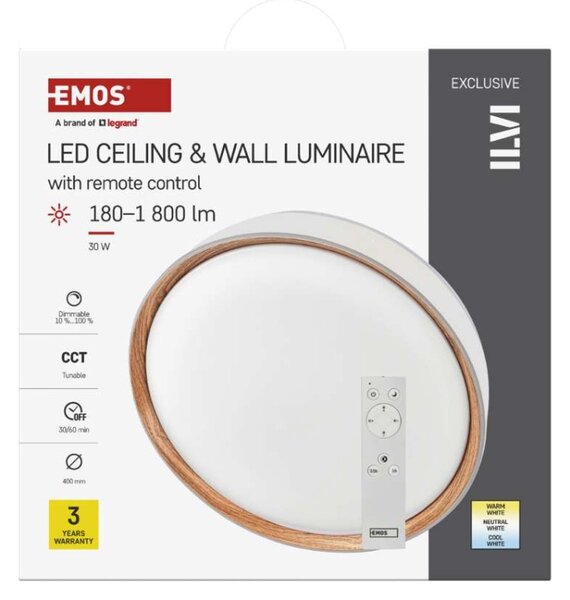 EMOS LED přisazené svítidlo ILVI, kruhové 30W, stmív. se změnou CCT, bílá+dřevo