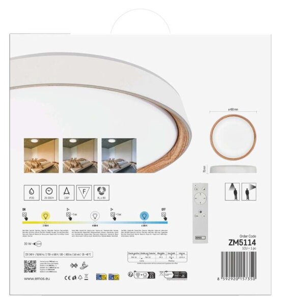 EMOS LED přisazené svítidlo ILVI, kruhové 30W, stmív. se změnou CCT, bílá+dřevo