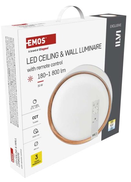 EMOS LED přisazené svítidlo ILVI, kruhové 30W, stmív. se změnou CCT, bílá+dřevo