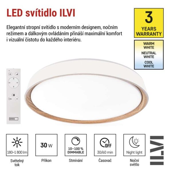 EMOS LED přisazené svítidlo ILVI, kruhové 30W, stmív. se změnou CCT, bílá+dřevo