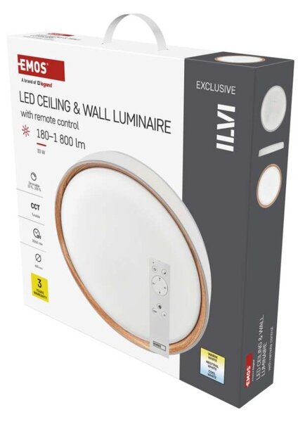 EMOS LED přisazené svítidlo ILVI, kruhové 30W, stmív. se změnou CCT, bílá+dřevo