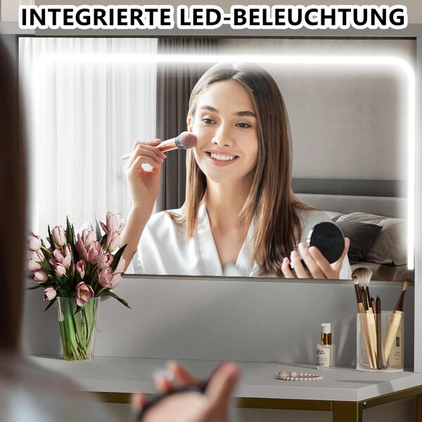Toaletní stolek UnboxG s LED osvětlením, velkým zrcadlem, zásuvkami a policemi, toaletní stolek s čalouněnou stoličkou, kosmetický stolek do ložnice, bílá + zlatá