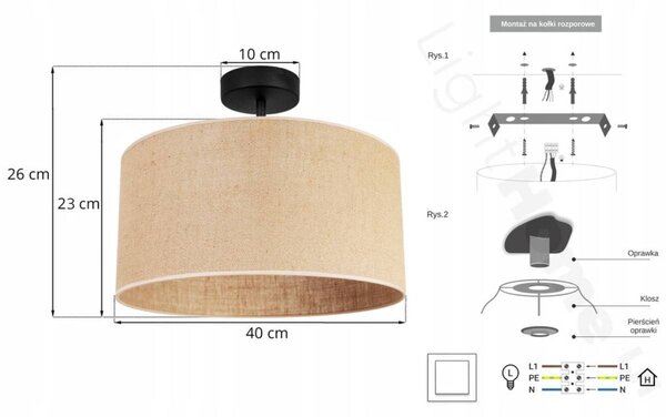 Stropní svítidlo Juta, 1x jutové stínítko, (výběr ze 2 barev konstrukce), (fi 40cm)