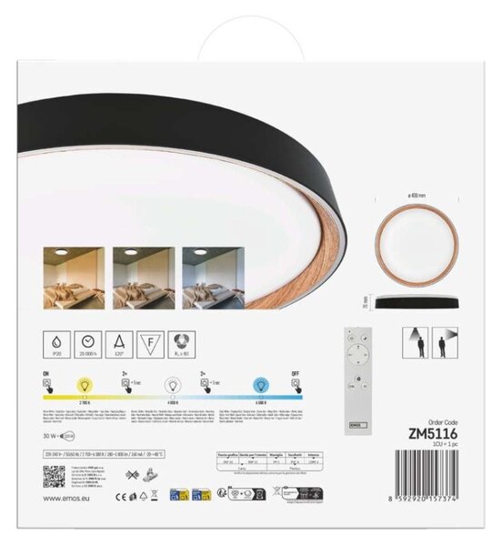 EMOS LED přisazené svítidlo ILVI, kruhové 30W, stmívání+CCT, černá+dřevo