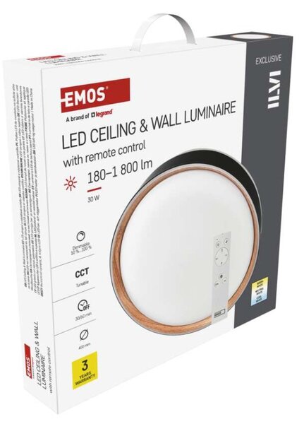 EMOS LED přisazené svítidlo ILVI, kruhové 30W, stmívání+CCT, černá+dřevo
