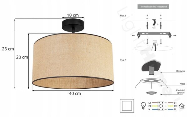 Stropní svítidlo Juta, 1x jutové stínítko, (výběr ze 2 barev konstrukce), (fi 40cm), bl